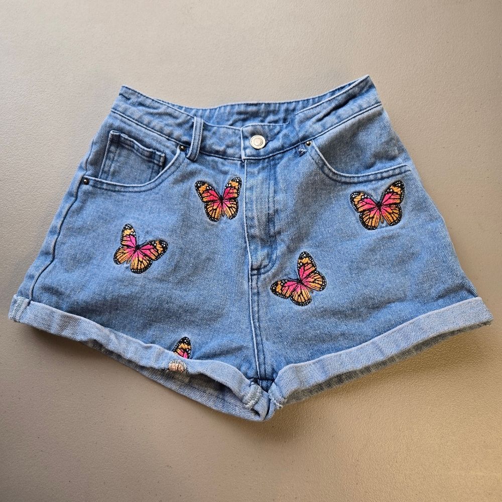 Fashion Nova Butterfly Embroidered Denim Shorts